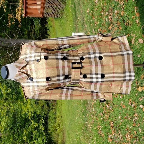 BURBERRY GOLD SHIMMER METALLIC CHECK PLAID TRENCH COAT - Picture 9 of 16
